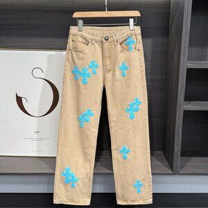 New Chrome Hearts Men's Women's Blue Cross Patch Limited Edition Couple Jeans
